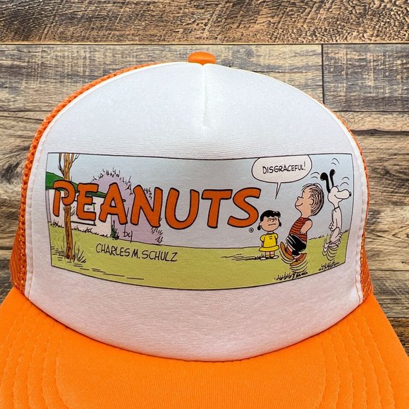 Vintage Peanuts Charlie Brown Mens Trucker Hat Orange Snapback Comic Strip Cap - Picture 3 of 7